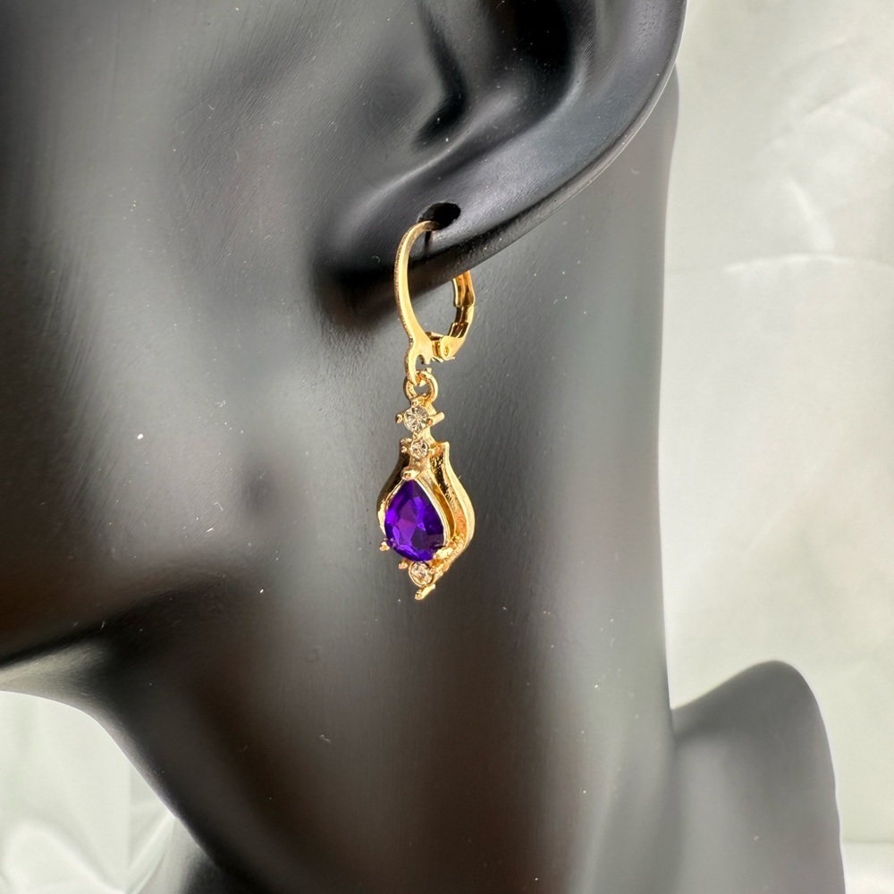 Gold and Purple Teardrop Earrings with Sparkling Accents - Picture 2 of 8